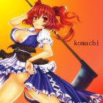  absurdres bare_legs breasts cleavage hair_bobbles hair_ornament hand_on_hip highres hips large_breasts looking_at_viewer onozuka_komachi red_eyes red_hair redhead scythe short_hair simple_background solo teruru touhou twintails weapon 