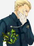  blonde_hair blue_eyes command_spell fate/stay_night fate/zero fate_(series) gloves hair_slicked_back hand_over_mouth kayneth_archibald_el-melloi male nishi_juuji short_hair simple_background solo white_gloves 