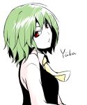  ascot bust character_name face green_hair head_tilt kazami_yuuka long_sleeves looking_at_viewer open_mouth pale_skin red_eyes shierutei short_hair simple_background sketch solo text touhou vest white_background youkai 