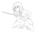  drawfag lineart long_hair monochrome original school_uniform serafuku skirt solo squatting sword weapon 