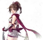  bad_id bare_shoulders brown_hair character_request dual_wielding elbow_gloves gloves hair_ribbon knife kunoichi_(sengoku_musou) midriff ponytail ribbon riru scarf sengoku_musou shorts smile solo 