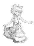  animal_ears armlet bare_shoulders cat_ears curtsey dark_skin dress highres looking_at_viewer messy_hair monochrome oniro original pas_(paxiti) short_hair sketch smile solo white_hair yohun_(oniro) 