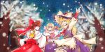  alice_margatroid apron arm_up arm_warmers ascot blonde_hair blue_dress blue_eyes blush bow braid brown_eyes brown_hair capelet closed_eyes dress eyes_closed forest hair_bow hair_ribbon hair_tubes hairband hakurei_reimu hand_holding hat holding_hands kirisame_marisa long_hair long_sleeves multiple_girls nature open_mouth perfect_cherry_blossom pointing pointing_up purple_dress ribbon scarf shirt short_hair skirt skirt_set smile snow snowing sy0610 touhou tree witch witch_hat yuuta_(monochrome) 