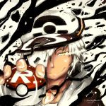  dark_skin hair_ hat holding holding_poke_ball kitsuneudon male original poke_ball pokemon pokemon_trainer single_letter smile solo tagme_pokemon_white white_hair yellow_eyes 