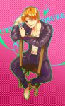  bad_id barefoot belt black_eyes chair character_name d018key earrings fate/stay_night fate/zero fate_(series) highres jacket jewelry male orange_hair outline purple_jacket seven_(d018key) single_shoe solo uryuu_ryuunosuke 