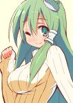  9law breasts bust casual frog green_eyes green_hair hair_ornament impossible_clothes impossible_clothing kochiya_sanae large_breasts long_hair looking_at_viewer simple_background smile solo sweater touhou turtleneck turtleneck_sweater very_long_hair wink 
