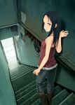  against_wall bangs black_hair boots camisole capri_pants green_eyes grey_eyes halterneck knee_boots leaning long_hair looking_back open_mouth original parted_bangs perspective shorts solo stairs standing yoshida_seiji 