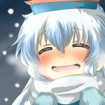  blush chibi closed_eyes expressive_clothes eyes_closed gloves hands_on_own_chest happy hat kamishirasawa_keine open_mouth rebecca_(keinelove) rebecca_(naononakukoroni) scarf smile snowing solo touhou 