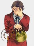  brown_hair command_spell covering covering_face facepalm facial_hair fate/stay_night fate/zero fate_(series) formal goatee male nishi_juuji short_hair simple_background solo suit tea_kettle teapot tohsaka_tokiomi toosaka_tokiomi 