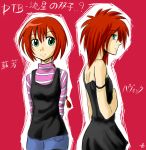  2girls arms_behind_back bare_shoulders braid camisole chemise darker_than_black dress flat_chest green_eyes hand_on_own_chest havoc long_hair multiple_girls outline pink_background profile red_hair redhead short_hair single_braid strap_slip suou_pavlichenko turtleneck 