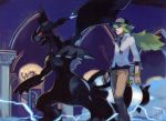  1boy baseball_cap chandelure electricity green_hair hat highres long_hair male n_(pokemon) official_art pokemon pokemon_(creature) pokemon_(game) pokemon_black_and_white pokemon_bw smile sugimori_ken team_plasma wristband zekrom 