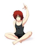  1girl arm_up armpits bare_shoulders barefoot black_panties blood chemise darker_than_black dress expressionless green_eyes havoc indian_style panties red_hair redhead short_hair simple_background sitting solo underwear white_background 