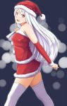  bare_shoulders blush detached_sleeves hat long_hair open_mouth original pinkwaters red_eyes sack santa_costume santa_hat solo thigh-highs thighhighs white_hair white_legwear 