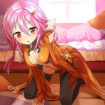  1girl absolute_cleavage all_fours bed black_legwear blush bodysuit breasts buntan center_opening cleavage detached_sleeves guilty_crown hair_ornament hairpin hand_in_hair midriff open_mouth pillow pink_hair red_eyes revealing_clothes skirt solo thighhighs window yuzuriha_inori 