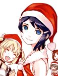  &gt;_&lt; 3girls aida_yuu akizuki_ryou blue_eyes blue_hair blush brown_hair closed_eyes crossdressinging eyes_closed freckles hair_ornament hat hidaka_ai idolmaster idolmaster_dearly_stars mizutani_eri multiple_girls open_mouth red_eyes red_hair redhead santa_costume santa_hat short_hair smile suzuki_ayane sweatdrop trap 