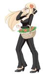  basket bellbottoms blonde_hair breasts cleavage colored flower gym_leader hair_flower hair_ornament hand_in_hair high_heels highres kekekeke large_breasts long_hair pokemon pokemon_(game) pokemon_dppt shirona_(pokemon) shoes simple_background solo white_background 