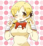  artist_request blonde_hair blush bow bowtie breasts drill_hair hair_ornament large_breasts looking_at_viewer mahou_shoujo_madoka_magica nori_senbei pink_background plump polka_dot polka_dot_background red_ribbon ribbon school_uniform smile solo tomoe_mami twin_drills unknown_artist_of_2ch_tomoe_mami_thread v wink yellow_eyes 