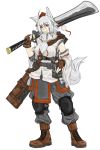  adapted_costume alternate_weapon animal_ears boots detached_sleeves fingerless_gloves gloves hat inubashiri_momiji jinbee knee_pads red_eyes solo sword tail tokin_hat touhou weapon white_hair wolf_ears wolf_tail 