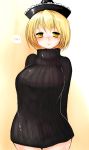  alternate_costume arms_behind_back blonde_hair blush bottomless breasts bust han64 han_(jackpot) hat large_breasts lunasa_prismriver naked_sweater no_pants ribbed_sweater short_hair simple_background solo spoken_blush sweater touhou yellow_eyes 