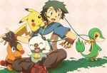  1boy black_hair blush boy brown_eyes child cyaneko fangs fingerless_gloves gloves indian_style no_hat no_headwear open_mouth oshawott pikachu pokemon pokemon_(anime) pokemon_(creature) pokemon_(game) pokemon_bw satoshi_(pokemon) short_hair sitting snivy tepig tsundere 