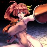  aisha_(queen&#039;s_axe) bare_shoulders blue_eyes blush breasts brown_hair gloves hairband highleg highres huge_breasts jewelry large_breasts leotard mound_of_venus open_mouth orange_hair queen&#039;s_axe side_ponytail sleeveless solo tro turtleneck 