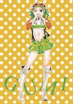  bad_id boots breasts character_name goggles goggles_on_head green_eyes green_hair gumi headphones jacket megpoid_(vocaloid3) midriff navel orange_background polka_dot polka_dot_background ruko short_hair skirt smile solo suspenders under_boob underboob vocaloid wink 