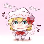 all_fours baby blonde_hair blue_eyes blush bow child gradient gradient_background hat lily_white pink_background sad short_hair simple_background solo touhou translated translation_request trembling wings young yutamaro 