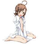  ahoge bare_legs barefoot brown_eyes brown_hair last_order midriff naked_shirt navel open_clothes open_mouth open_shirt shirt short_hair sitting smile solo to_aru_kagaku_no_railgun to_aru_majutsu_no_index touryou v_arms 