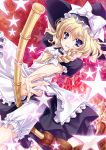  bamboo_broom blonde_hair bloomers blue_eyes bow braid broom dress grin hair_bow hand_on_hat hat kirisame_marisa open_mouth ryuuga_shou short_hair side_braid smile solo star touhou witch witch_hat 