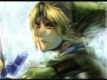  blonde_hair blue_eyes close_up hat letterboxed link male nintendo pointy_ears sword the_legend_of_zelda weapon 