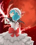  bat_wings blue_hair bow dress from_behind full_moon hat moon nobamo_pieruda red_eyes red_moon remilia_scarlet smile solo spear_the_gungnir touhou white_dress wings 