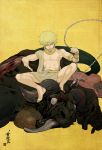  armlet barefoot blonde_hair blood bracelet bull chain chains earrings fate/stay_night fate/zero fate_(series) feet gilgamesh highres horn jewelry kema_mire male necklace red_eyes shirtless short_hair toga yellow_background 