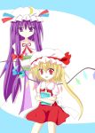  2girls blonde_hair book cover cover_page fang flandre_scarlet fujii_tatsuya hair_ribbon hat highres holding long_hair math multiple_girls open_mouth patchouli_knowledge purple_eyes purple_hair red_eyes ribbon the_embodiment_of_scarlet_devil touhou translated violet_eyes wings 