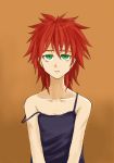  bare_shoulders brown_background bust chemise collarbone darker_than_black dress expressionless flat_chest green_eyes havoc messy_hair red_hair redhead solo strap_slip 