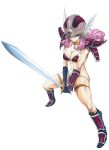 bikini_armor blue_eyes dragon_quest dragon_quest_iii flying-u gloves helmet pink_hair simple_background soldier_(dq3) solo sword weapon 