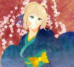  :t ahoge bad_id blonde_hair fate/stay_night fate_(series) flower green_eyes hair_ribbon hayseed japanese_clothes kimono kuroihato pout ribbon saber solo tears 