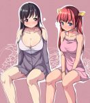  bare_legs bare_shoulders black_hair blue_eyes blush bracelet breasts cleavage collarbone female frown hair_bow hair_ribbon heart jewelry large_breasts long_hair long_sleeves multiple_girls open_shirt original red_eyes red_hair redhead ribbon saiste simple_background sitting sleeveless smile strap sweatdrop twintails 