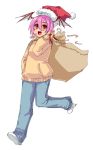  alternate_costume blush candy_cane casual contemporary fang hat head_wings highres hoodie jeans kekekeke lilith_aensland purple_hair red_eyes sack santa_hat short_hair solo vampire_(game) 