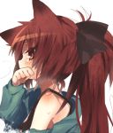  animal_ears bad_id blush bow bust cat_ears hair_bow hand_to_mouth hetaling kemonomimi_mode long_hair magical_girl mahou_shoujo_madoka_magica off_shoulder ponytail red_eyes red_hair redhead sakura_kyouko shin_(hetaling) shirt solo tears 