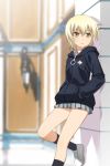  against_wall bare_legs blonde_hair hands_in_pockets jacket leaning_back original shirt short_hair skirt solo umekichi wall yellow_eyes 