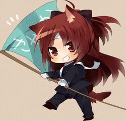  animal_ears bad_id blush bow cat_ears cat_tail chibi flag grin hair_bow hetaling kemonomimi_mode long_hair mahou_shoujo_madoka_magica red_eyes red_hair redhead sakura_kyouko shin_(hetaling) smile solo tail uniform 