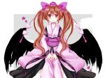  black_wings brown_eyes brown_hair dress hair_ribbon hat hat_ribbon himekaidou_hatate japanese_clothes kimono kourindou_tengu_costume long_hair long_sleeves low_wings obi open_mouth pink_dress ribbon sash solo tikuwakure touhou uiroutsuji_yumihiko v_arms wings 