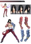  1boy asymmetrical_limbs belt black_hair blue_fire boots character_request character_sheet fearless_night fighting_stance fire hair_over_one_eye highres long_hair muscle pants pectorals sarashi scar shirtless solo spikewible steam 