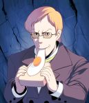  bad_id blonde_hair bread eating egg food formal fried_egg glasses looking_at_viewer male masao muska parody raised_eyebrows solo suit tenkuu_no_shiro_laputa 