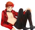  1boy archer archer_(cosplay) brown_eyes collar cosplay emiya_shirou fate/extra fate/extra_ccc fate/stay_night fate_(series) jacket leather_pants maa_(29kuu) open_clothes open_shirt red_hair red_jacket redhead shirt solo yellow_eyes 
