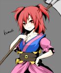  blush breasts cleavage hair_bobbles hair_ornament hand_on_hip hips onozuka_komachi over_shoulder red_eyes red_hair redhead scythe shierutei short_hair short_twintails simple_background smile solo touhou twintails 