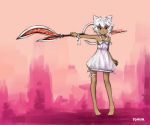  animal_ears barefoot cat_ears dark_skin dress flat_chest highres magical_girl oniro original pas_(paxiti) red_eyes solo staff thigh_strap weapon white_dress white_hair yohun_(oniro) 