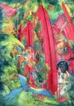  animal bird black_hair butterfly camisole flower giraffe highres long_hair macaw nature original parrot phone phone_booth scarlet_macaw scenery shuka_(taupe) surreal traditional_media tree watercolor_(medium) 