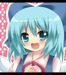  :d bad_id blue_eyes blue_hair cirno hair_ribbon ice ice_wings open_mouth ribbon shinekalta short_hair smile solo touhou wings 