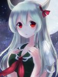  bad_id breasts dress ex-keine face full_moon gem hand_on_own_chest hands_on_own_chest horn_ribbon horns kamishirasawa_keine light_particles long_hair moon night night_sky nunucco open_mouth red_eyes ribbon silver_hair sky solo touhou 